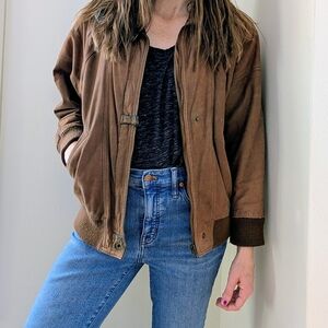 Vintage Leather Aviator Bomber Flight Collared Jacket In Caramel Tan/Green